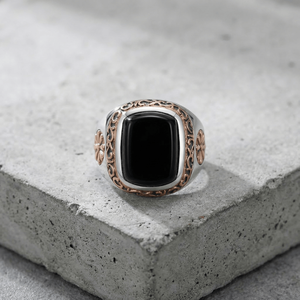 Chevalière Homme Onyx Rosaces Or Rose