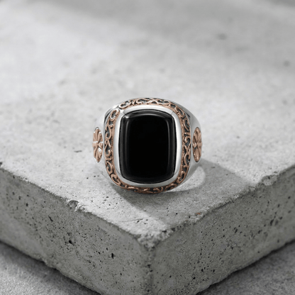 Chevalière Homme Onyx Rosaces Or Rose