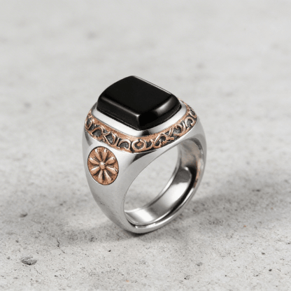 Chevalière Homme Onyx Rosaces Or Rose