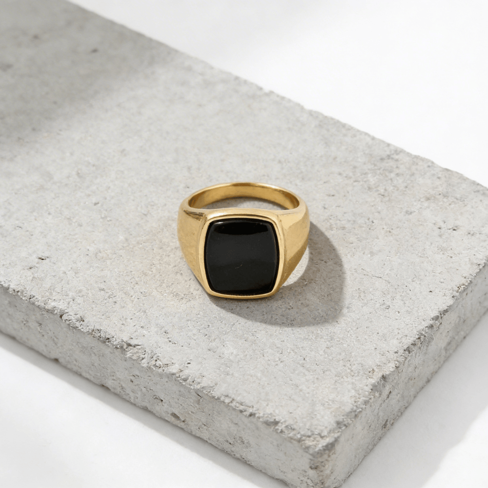 Bague Chevalière Homme Onyx Noir Coussin Acier Inoxydable