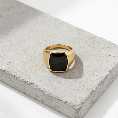 Bague Chevalière Homme Onyx Noir Coussin Acier Inoxydable