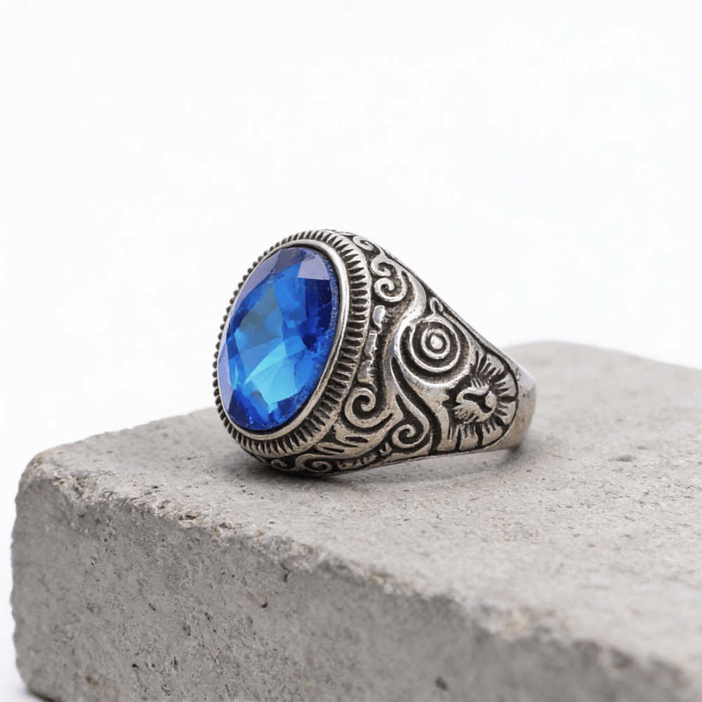 Bague Chevalière Homme Saphir Bleu Acier Inoxydable