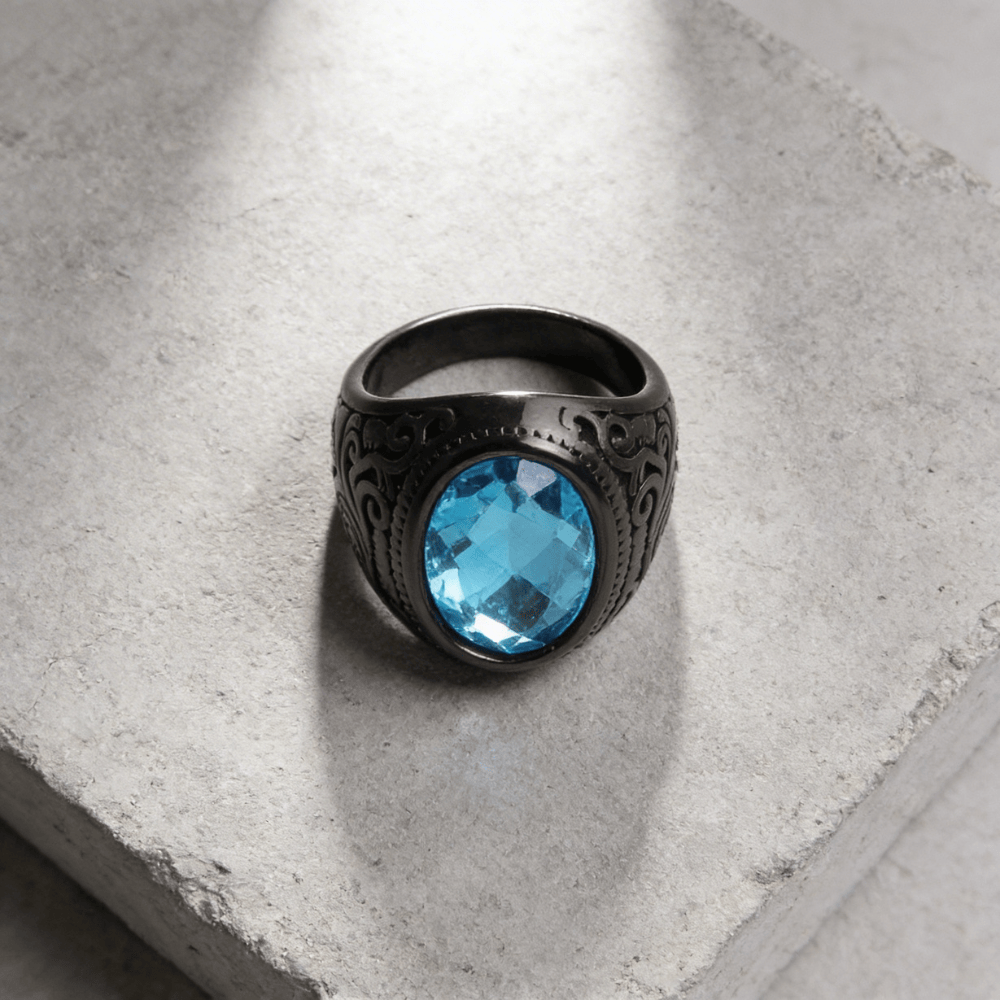 Bague Chevalière Homme Saphir Bleu Acier Inoxydable