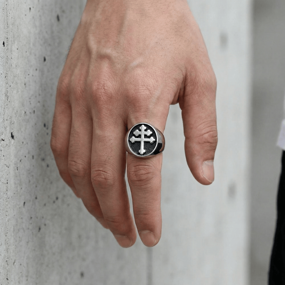 Chevalière Homme Noire Croix Templier Vintage