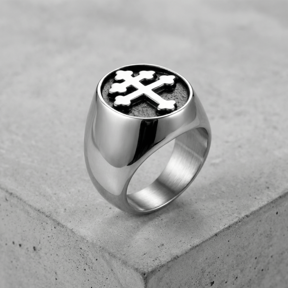 Chevalière Homme Noire Croix Templier Vintage