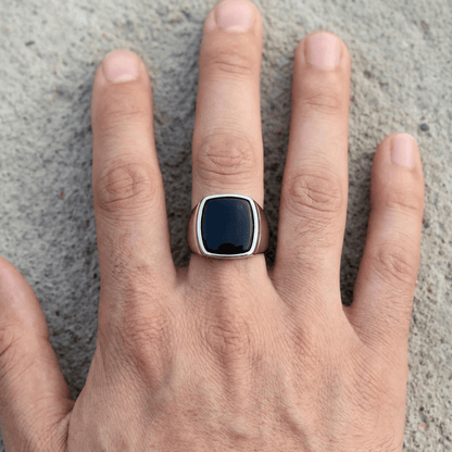 Bague Chevalière Homme Onyx Noir Coussin Acier Inoxydable