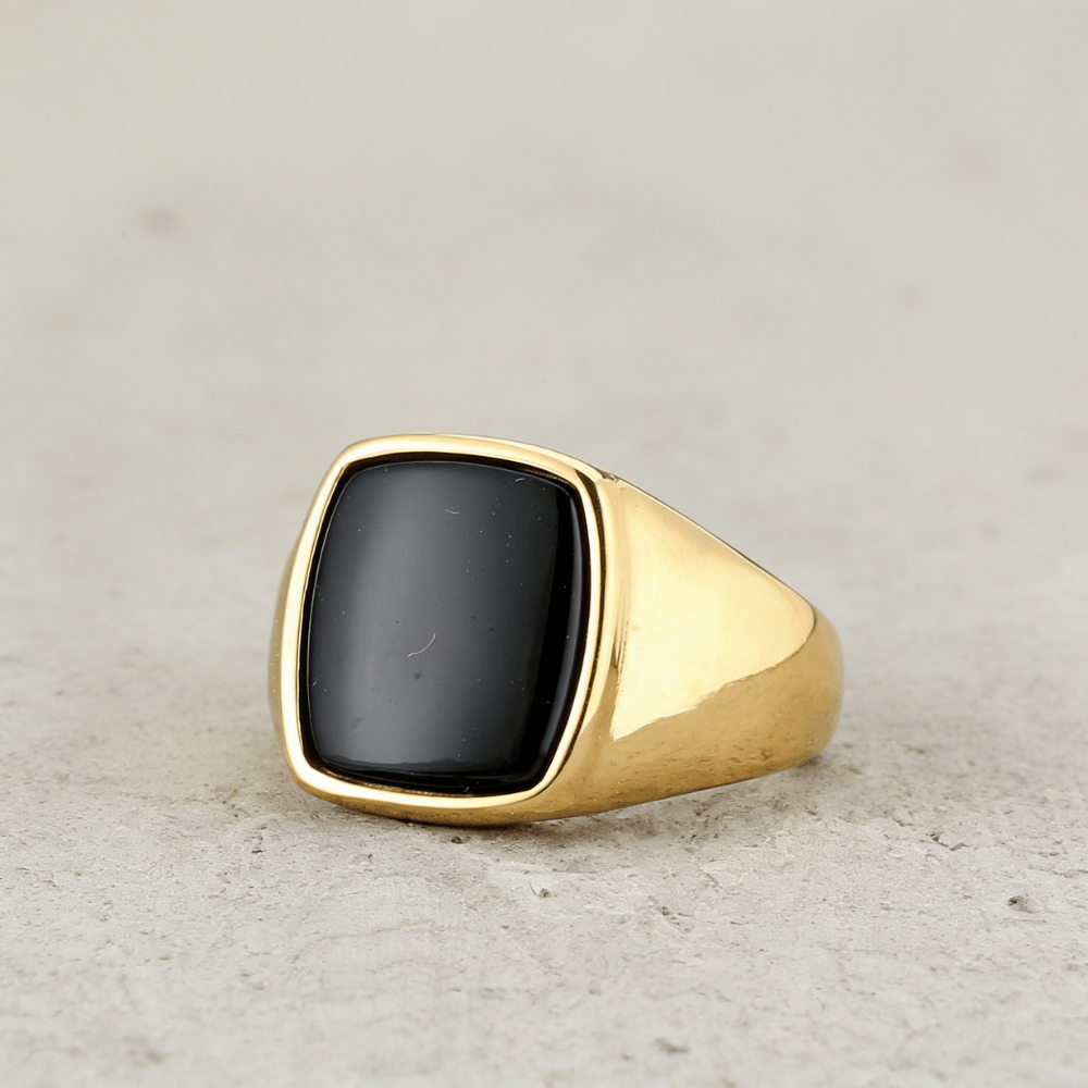 Bague Chevalière Homme Onyx Noir Coussin Acier Inoxydable