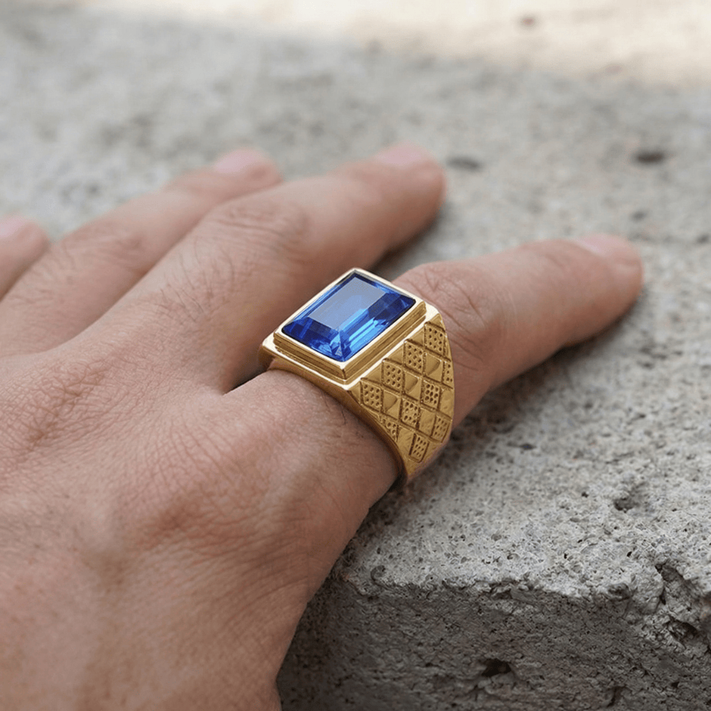 Bague Chevalière Saphir Homme Or Acier Inoxydable