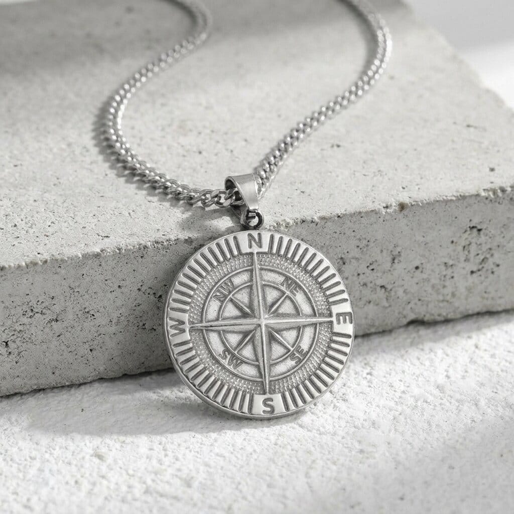 Collier Pendentif Boussole Homme Acier