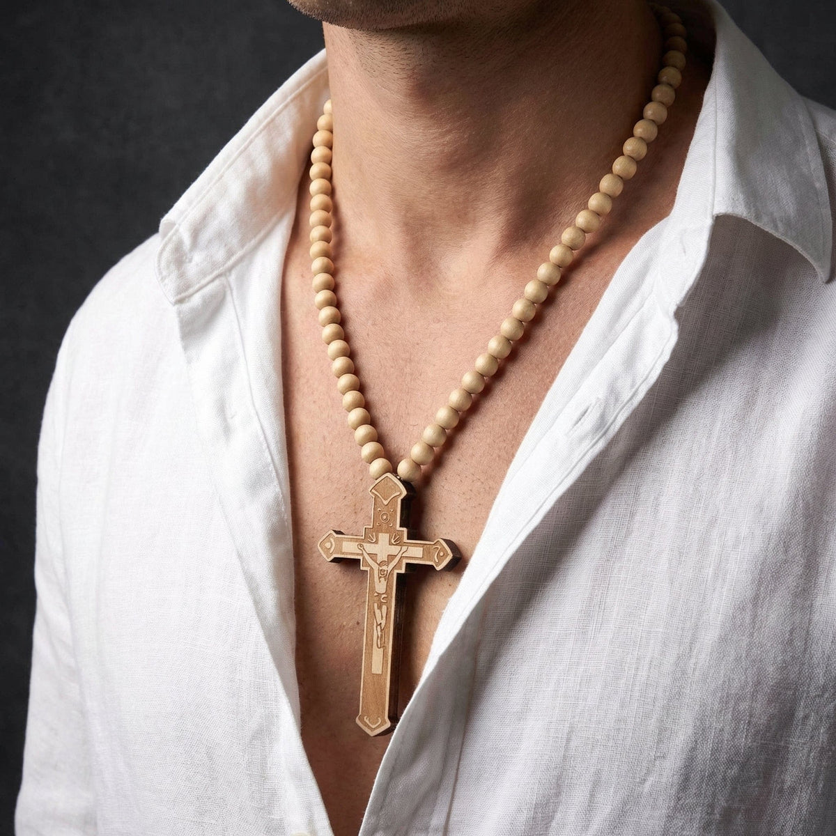 Collier Chapelet Homme Pendentif Croix Bois Sculpté