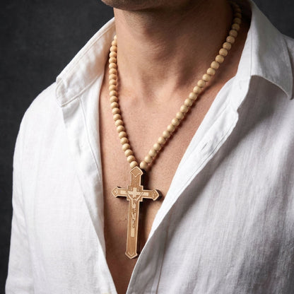 Collier Chapelet Homme Pendentif Croix Bois Sculpté