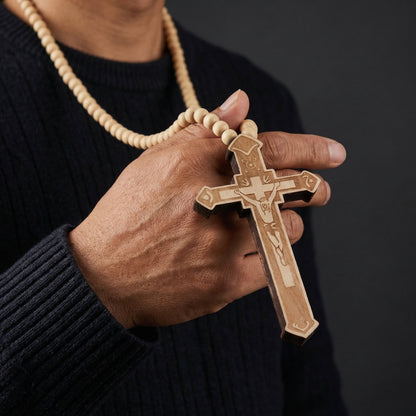 Collier Chapelet Homme Pendentif Croix Bois Sculpté