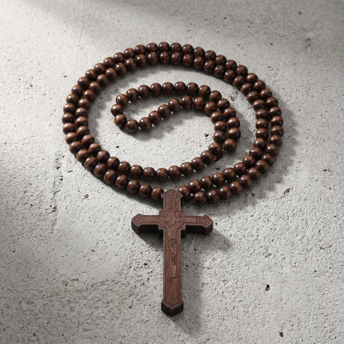 Collier Chapelet Homme Pendentif Croix Bois Sculpté