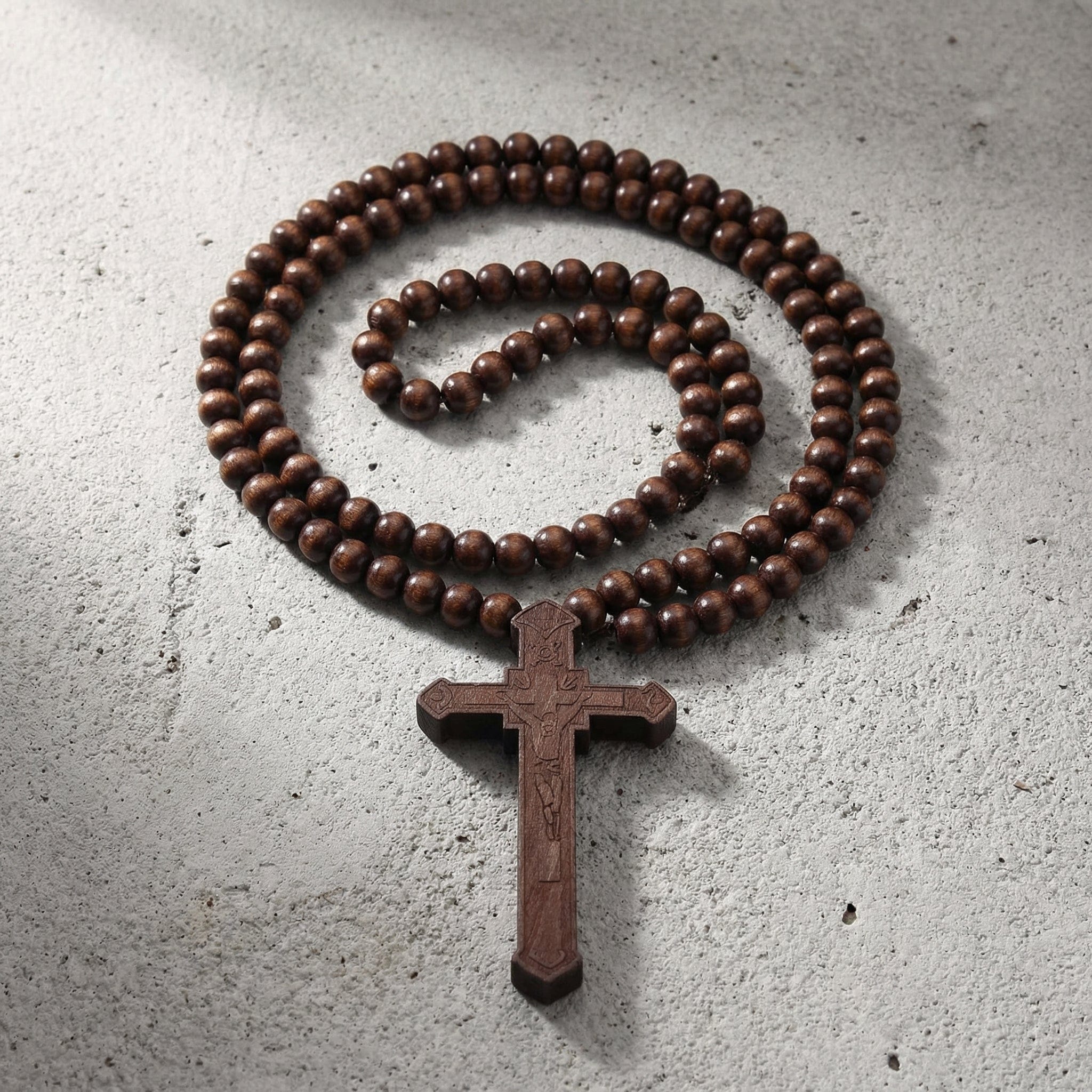 Collier Chapelet Homme Pendentif Croix Bois Sculpté