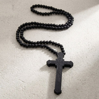 Collier Chapelet Homme Pendentif Croix Bois Sculpté