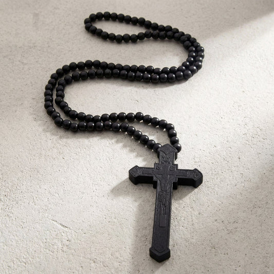 Collier Chapelet Homme Pendentif Croix Bois Sculpté