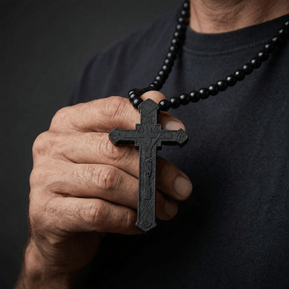 Collier Chapelet Homme Pendentif Croix Bois Sculpté