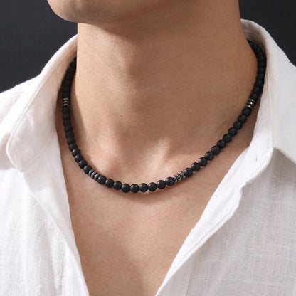 Collier Homme Perles Noires Acier Inoxydable