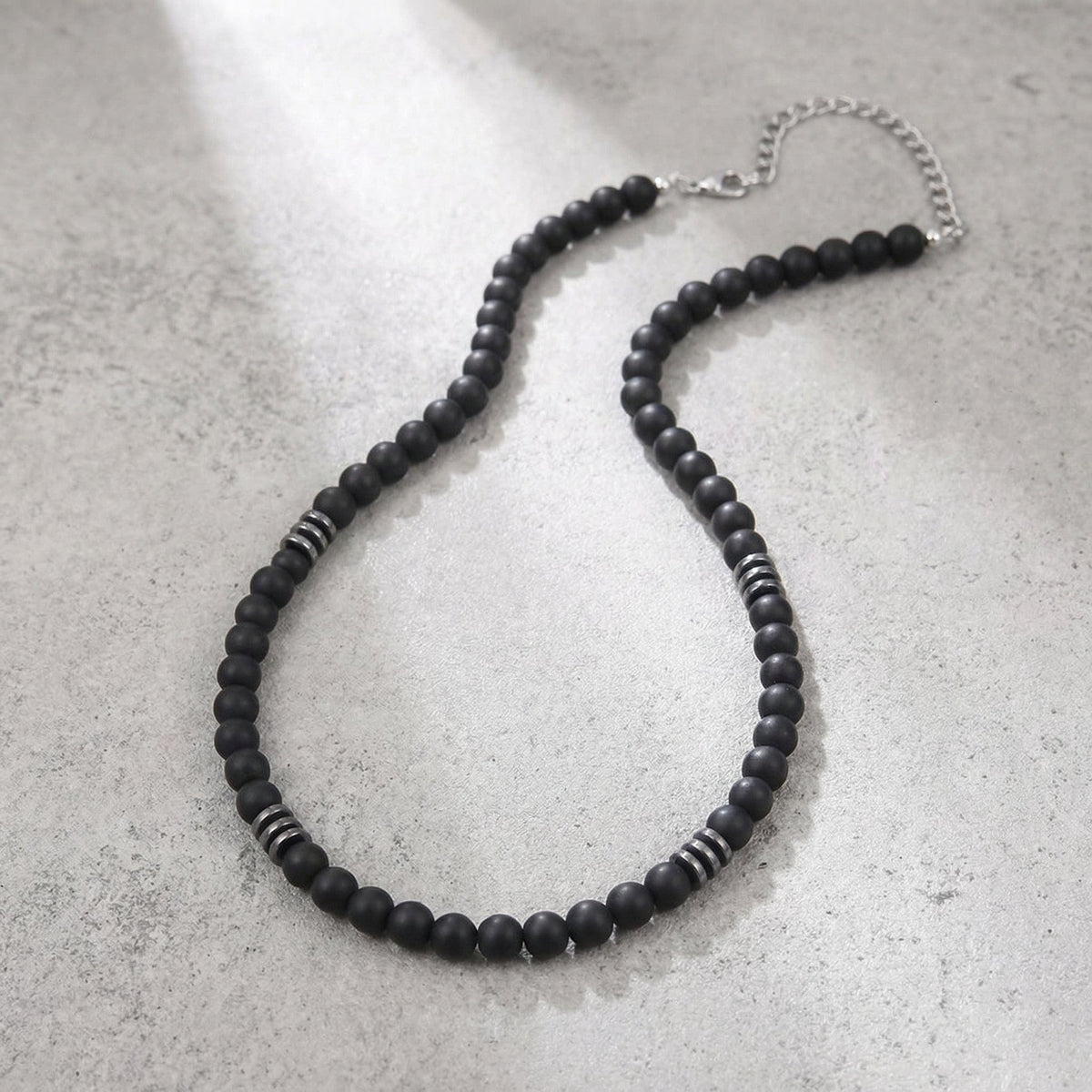 Collier Homme Perles Noires Acier Inoxydable
