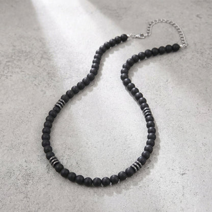 Collier Homme Perles Noires Acier Inoxydable