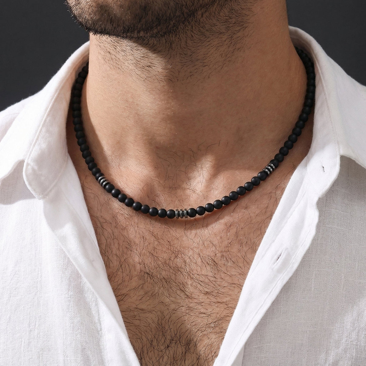 Collier Homme Perles Noires Acier Inoxydable