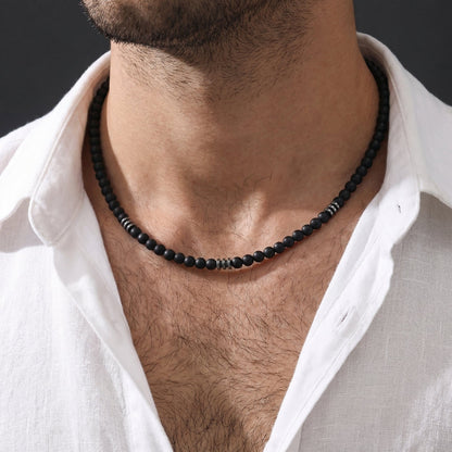 Collier Homme Perles Noires Acier Inoxydable