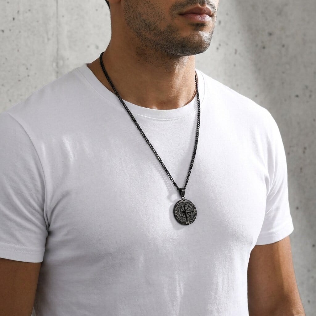 Collier Pendentif Boussole Homme Acier