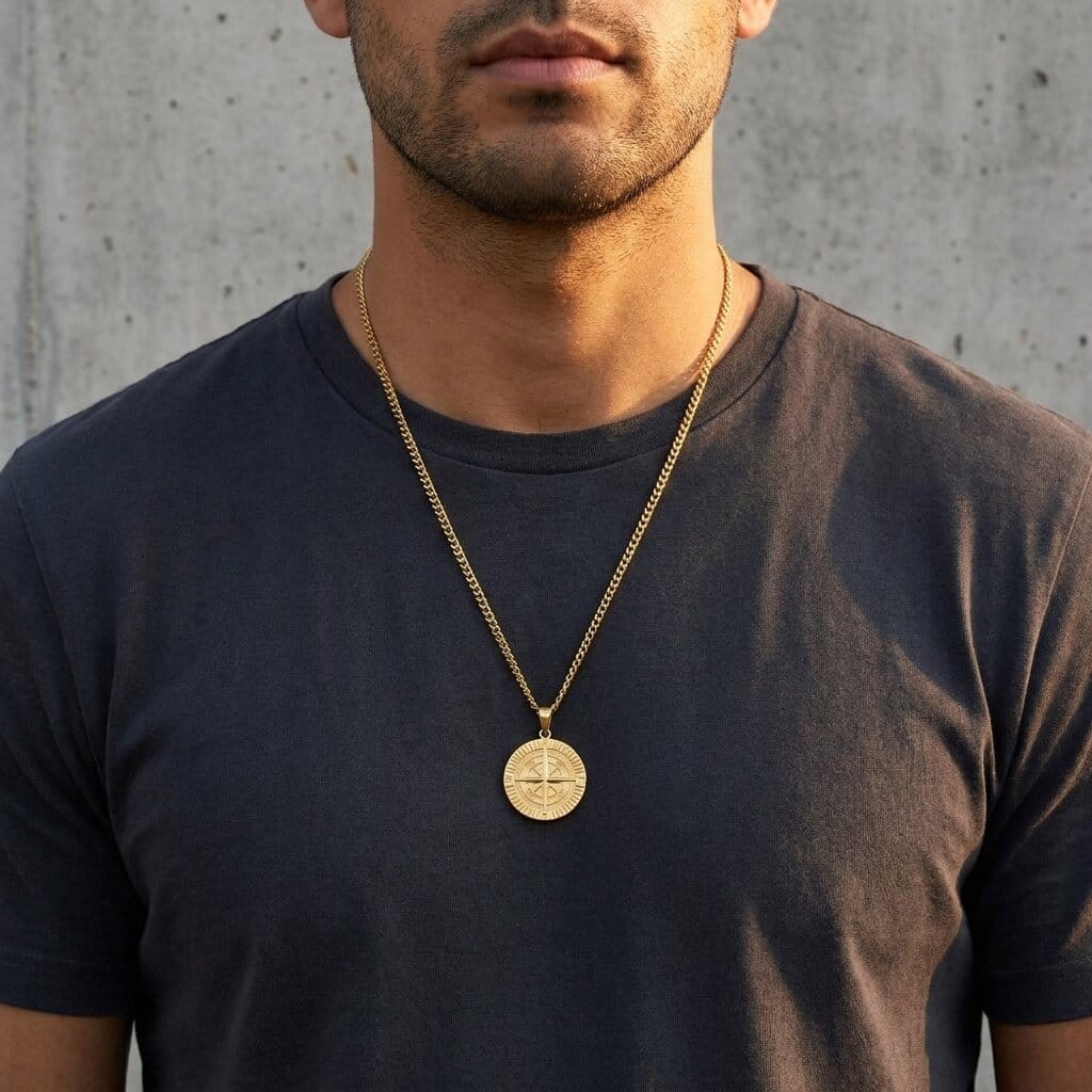 Collier Pendentif Boussole Homme Acier