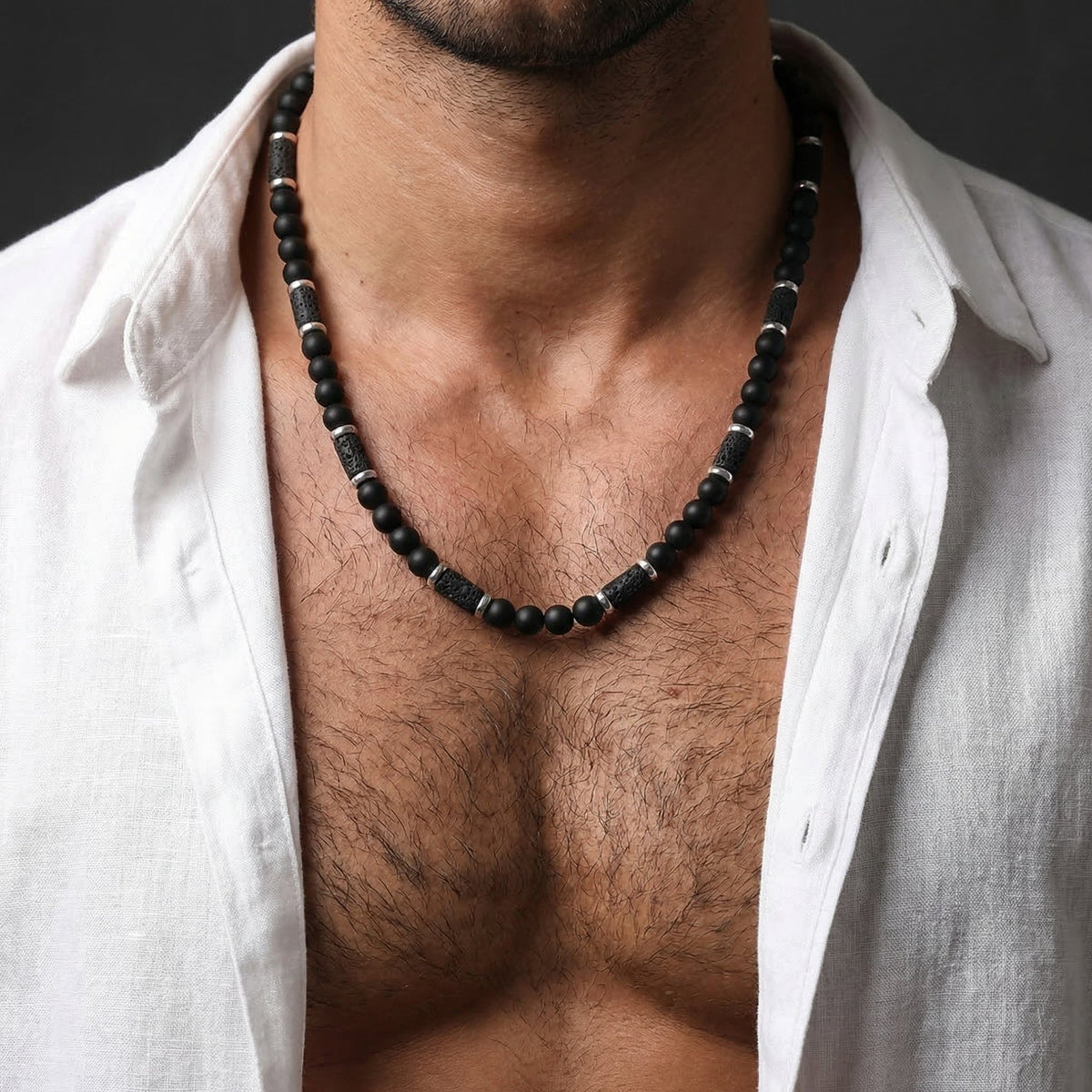 Collier Perle Homme Pierre de Lave Acier