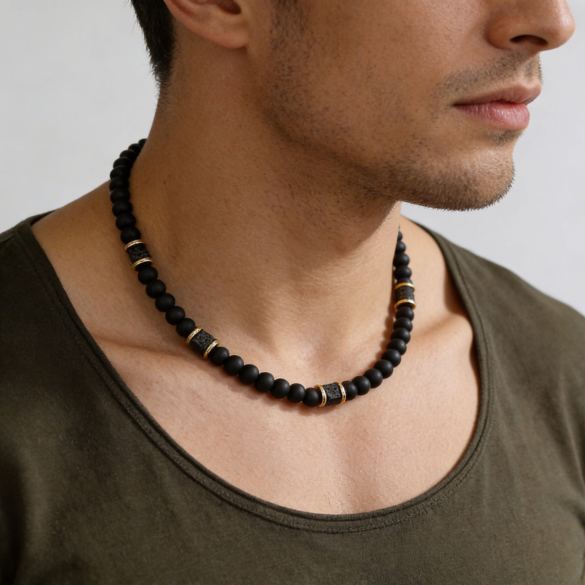Collier Perle Homme Pierre de Lave Acier