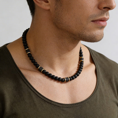 Collier Perle Homme Pierre de Lave Acier