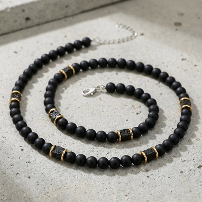 Collier Perle Homme Pierre de Lave Acier