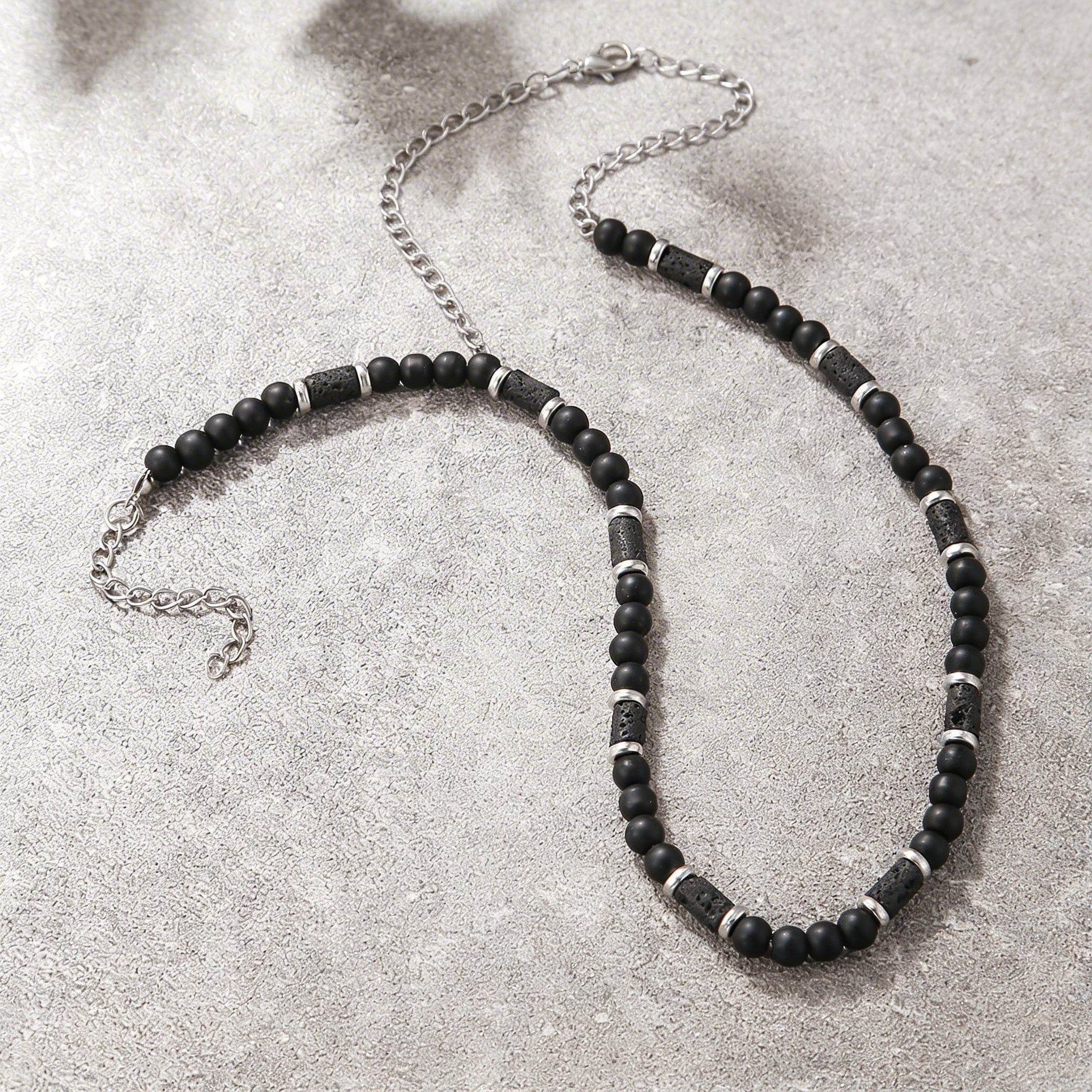 Collier Perle Homme Pierre de Lave Acier