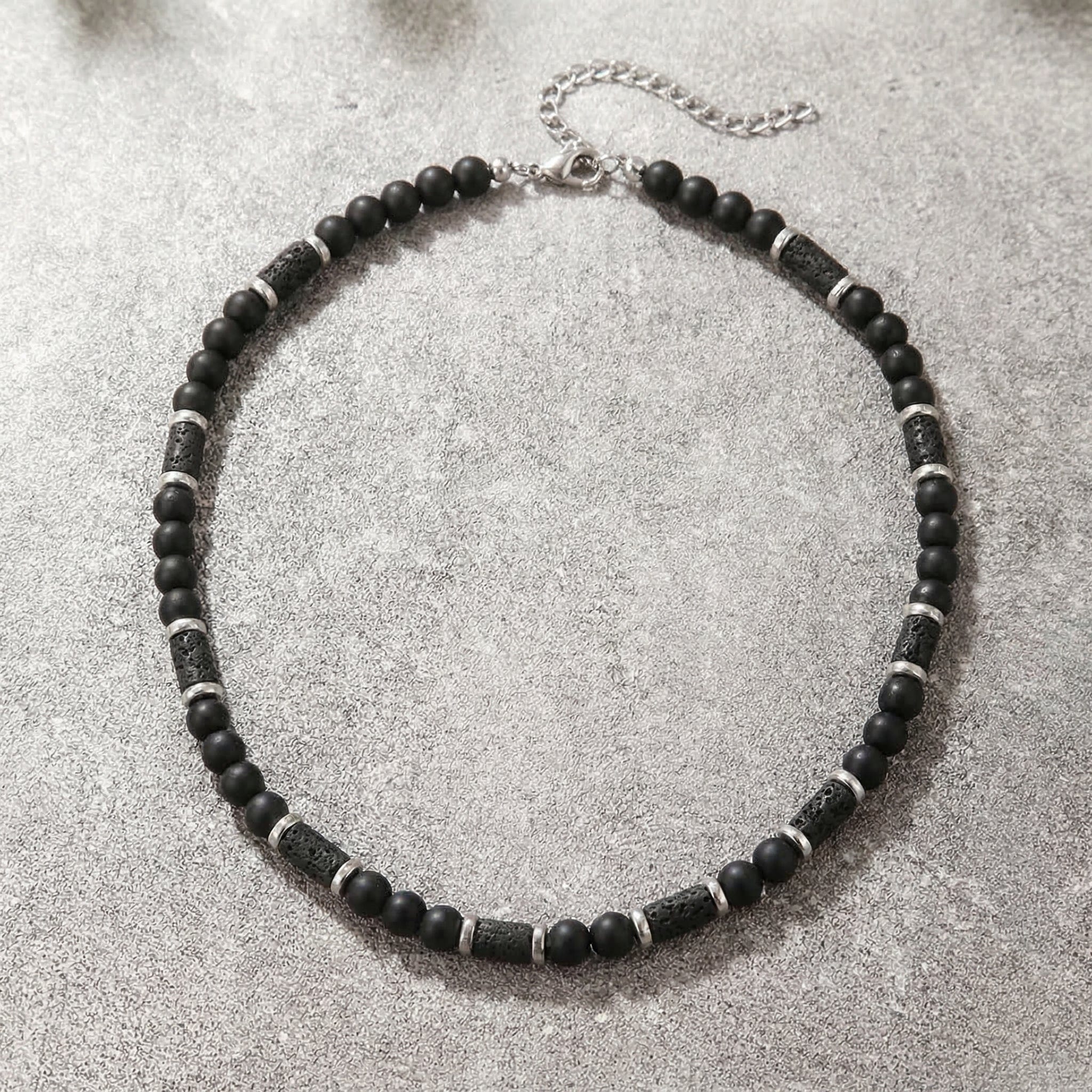 Collier Perle Homme Pierre de Lave Acier