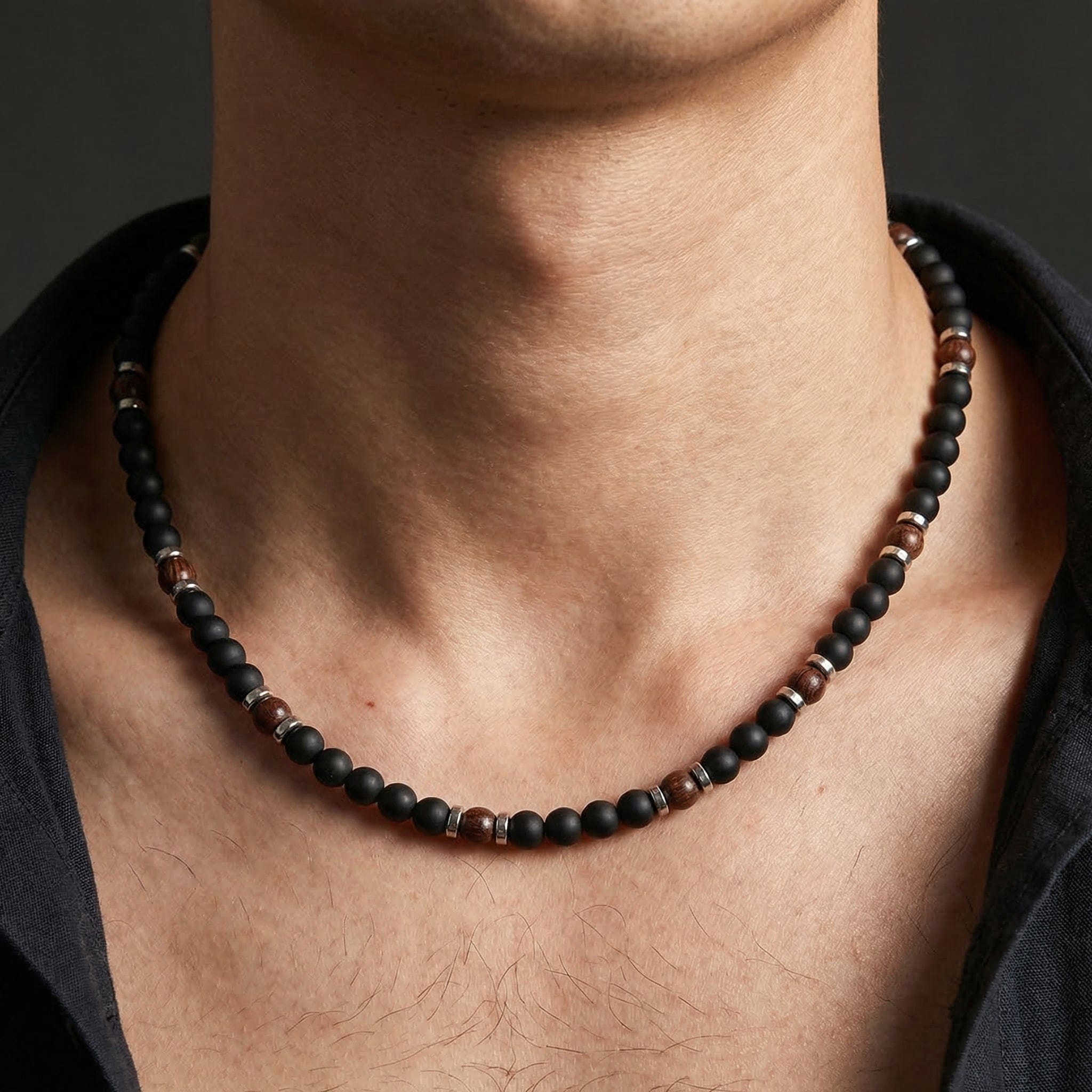 Collier Noir Homme en Perles Acier Inoxydable