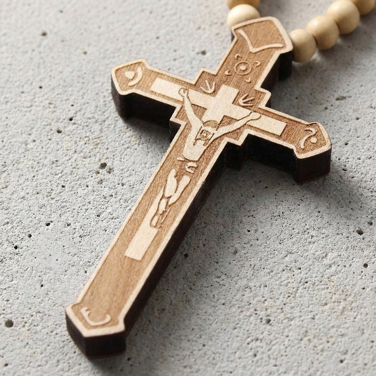 Collier Chapelet Homme Pendentif Croix Bois Sculpté