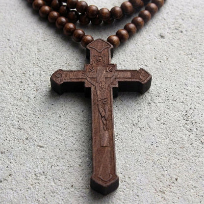 Collier Chapelet Homme Pendentif Croix Bois Sculpté