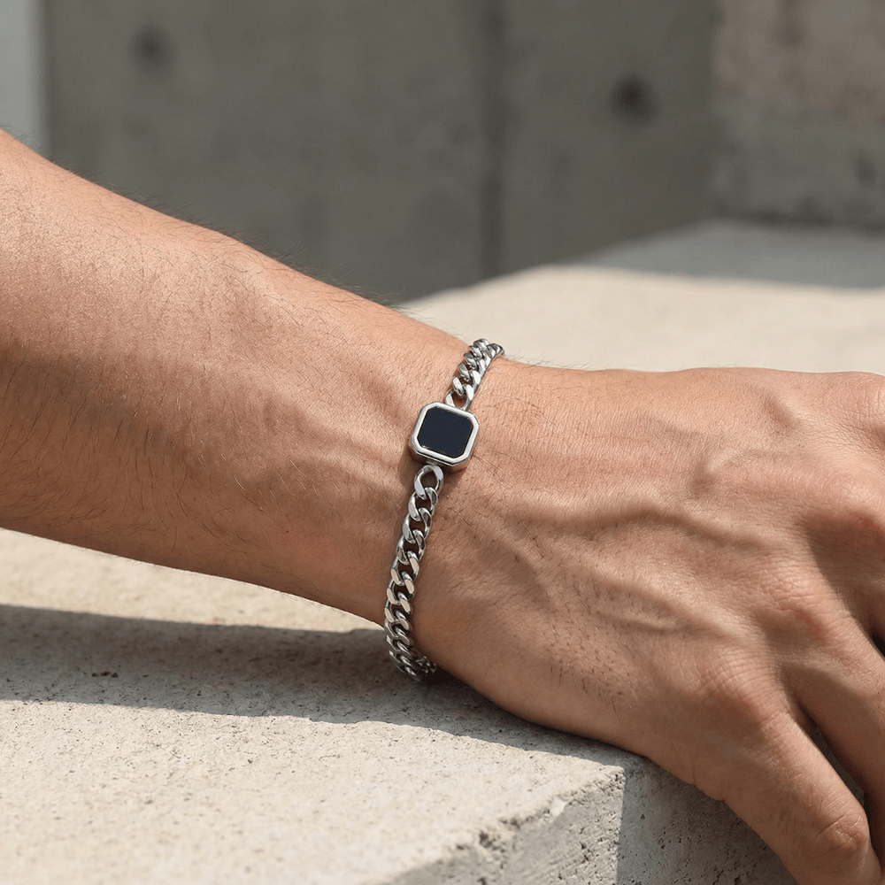 Gourmette Homme Pierre Noire Bracelet Acier Inoxydable