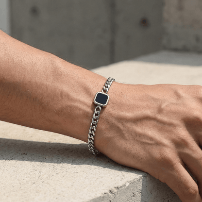 Gourmette Homme Pierre Noire Bracelet Acier Inoxydable