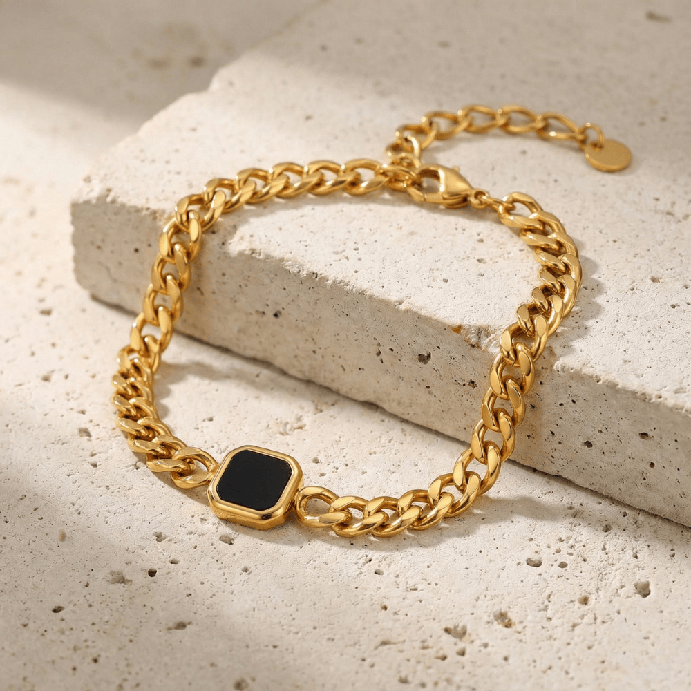 Gourmette Homme Pierre Noire Bracelet Acier Inoxydable