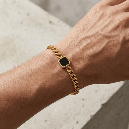 Gourmette Homme Pierre Noire Bracelet Acier Inoxydable