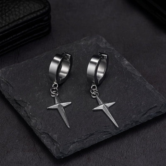 Boucles d'Oreilles Pendantes Homme Croix - Acier Inoxydable