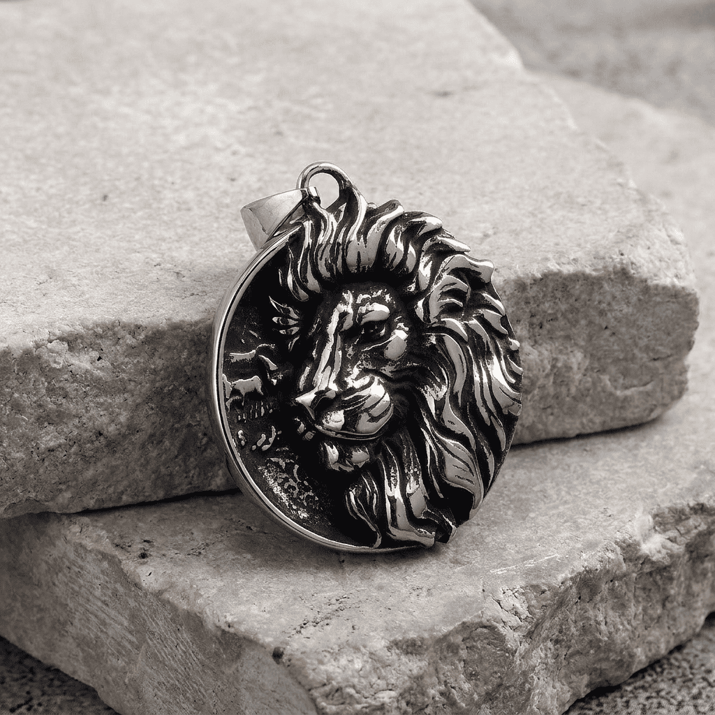 Collier Homme Pendentif Lion Médaillon Argent