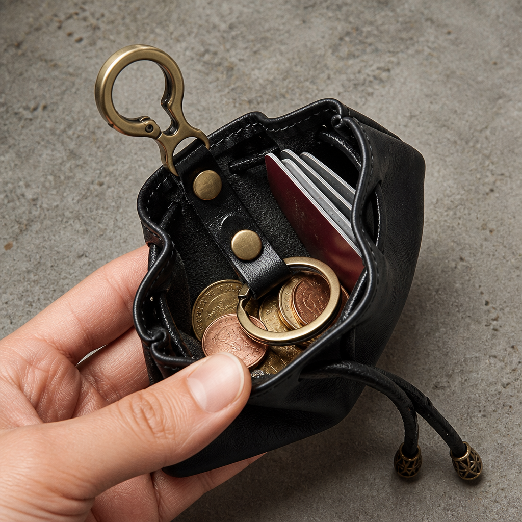 Porte-Monnaie Bourse Homme à Cordon en Similicuir