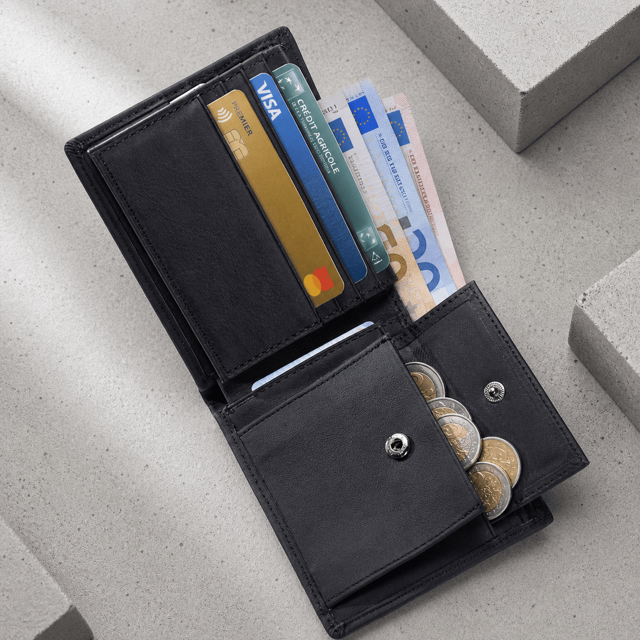 Portefeuille Homme Noir Cuir Véritable Compact Anti RFID