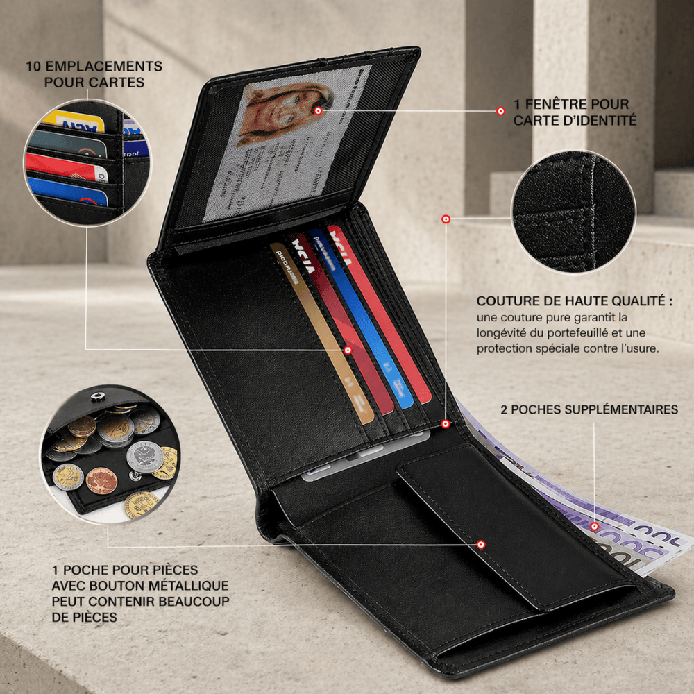 Portefeuille Homme Cuir Slim 10 Cartes RFID Porte-Monnaie