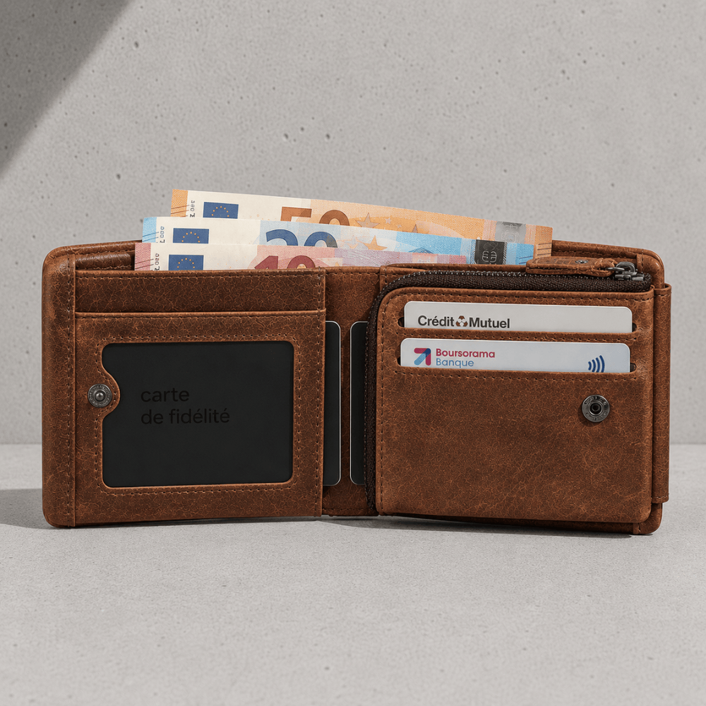 Portefeuille Cuir Homme Personnalisé Compact Zippé