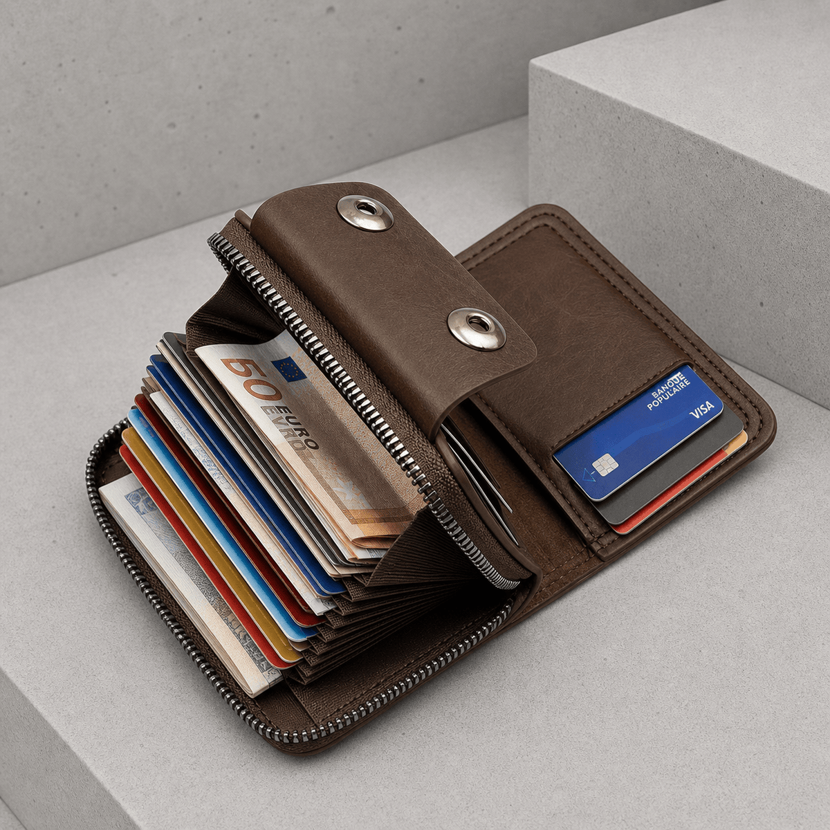 Portefeuille Homme Zippé Compact Anti-RFID Bouton Pression