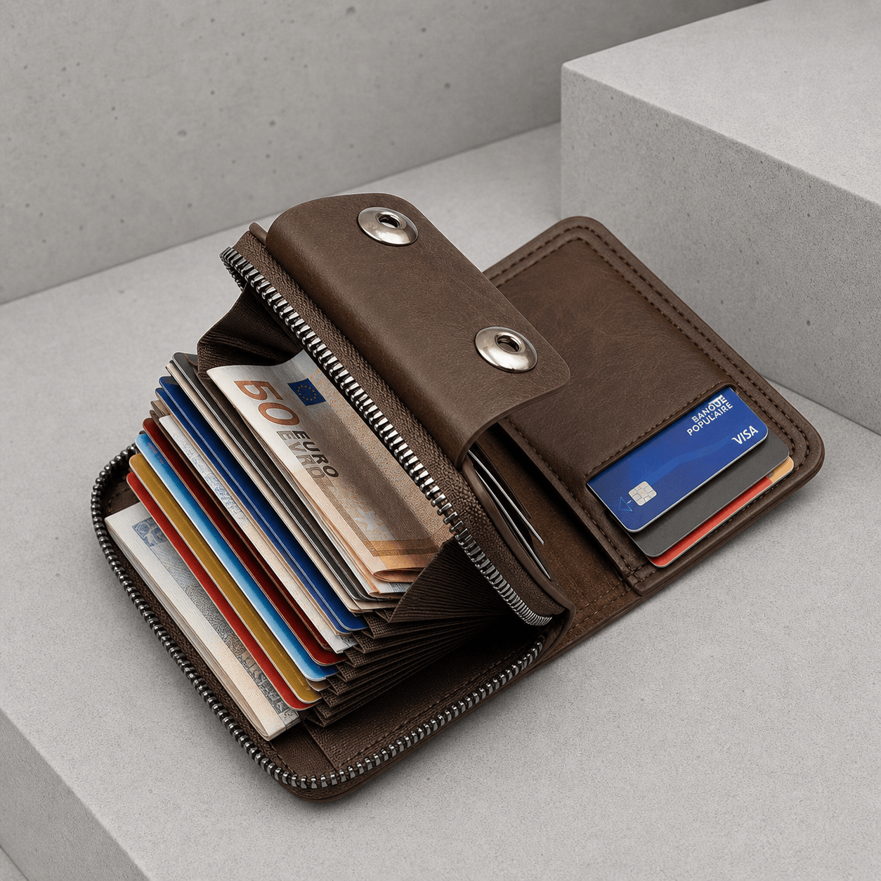 Portefeuille Homme Zippé Compact Anti-RFID Bouton Pression