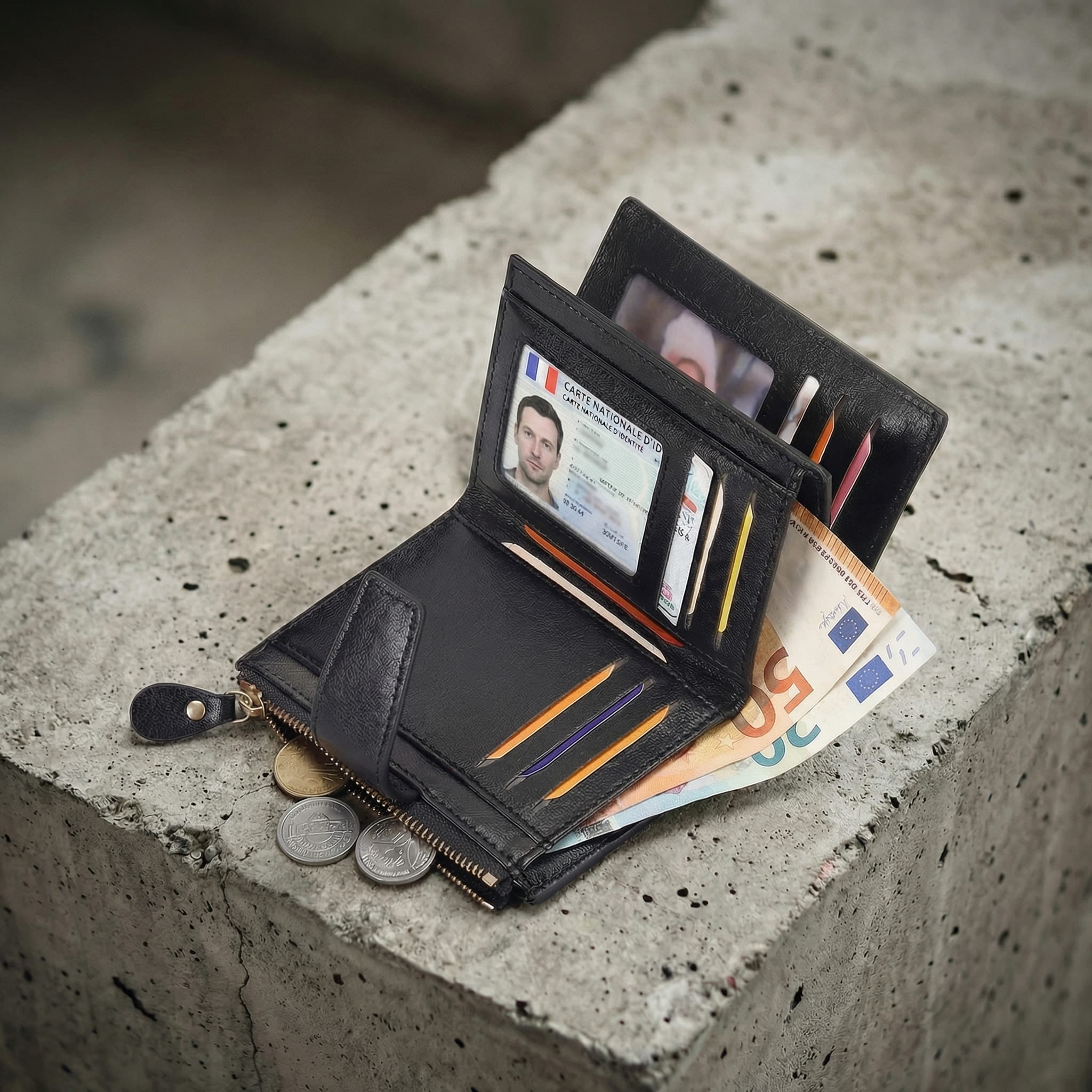 Portefeuille Homme Zippé RFID Porte-Monnaie 12 Cartes